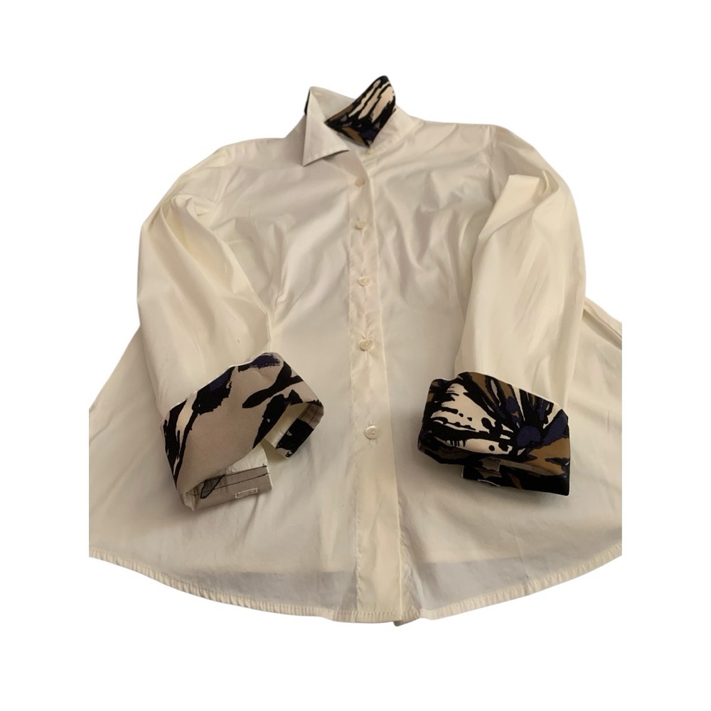 Trina Turk White Button-Up Shirt with Printed Collar & Cuffs
